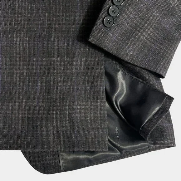 CALVIN KLEIN Mens Blazer Sport Coat 2-Button Jacket Plaid 40S Wool Purple/Blue